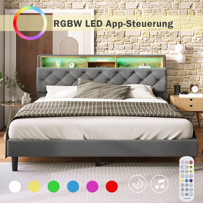 Lit adulte Lit double capitonné lit de rangement avec cadre à lattes en bois avec lumière LED 140x200cm gris avec matelas Lit adulte Lit double capitonné lit de rangement avec cadre à lattes en bois avec lumière LED 140x200cm gris avec matelas