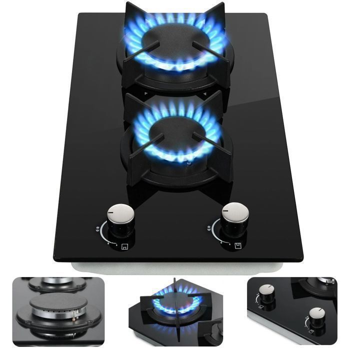 Plaque de cuisson gazTable Gaz2 foyersVerre Trempé4200 WSécurité ThermocoupleGaz Naturel/Propanenoir