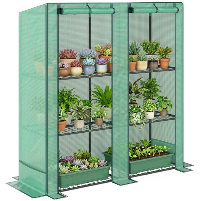 Serre de jardin - Outsunny - étagères métalliques à 3 niveaux - couverture en PE de 140g/m² - toit incliné - 144 x 48 x 152 cm vert