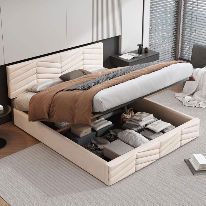 Lit capitonné double 140x200 cm Lit coffre Lit rembourré en Velours avec rangement sans matelas - Beige