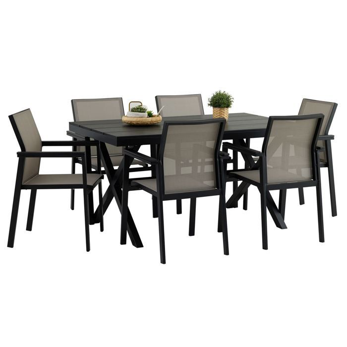 Ensemble table et chaises de jardin WINDY pour 6 personnes coloris noir et gris chaises empilables résistantes Ensemble table et chaises de jardin WINDY pour 6 personnes coloris noir et gris chaises empilables résistantes