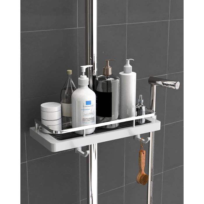 Étagère De Douche Sans Percage Acier Inox - Support Autocollant Avec Crochets Et Porte-Rasoir, Argent 22x7.5x9cm