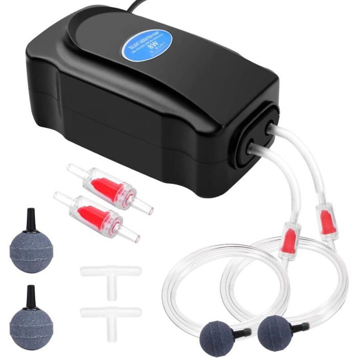 Pompe à Air Aquarium-8W Réglable Puissante Double Sortie Bulleur Aquarium avec 3M TuyauClapet Anti-Retour et Raccord en T