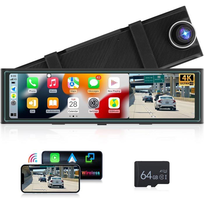 Dashcam Miroir 11,26" 4K Sans Fil Avec CarPlay/Android Auto - Caméra De Recul 1080P, Bluetooth, FM, ADAS