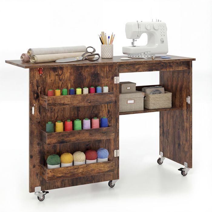 GIANTEX Table de Couture Pliante avec Roulettes Bureau Mobile avec Étagère de Rangement et 3 Boîtes 119 x 40 x 80 cm Brun GIANTEX Table de Couture Pliante avec Roulettes Bureau Mobile avec Étagère de Rangement et 3 Boîtes 119 x 40 x 80 cm Brun