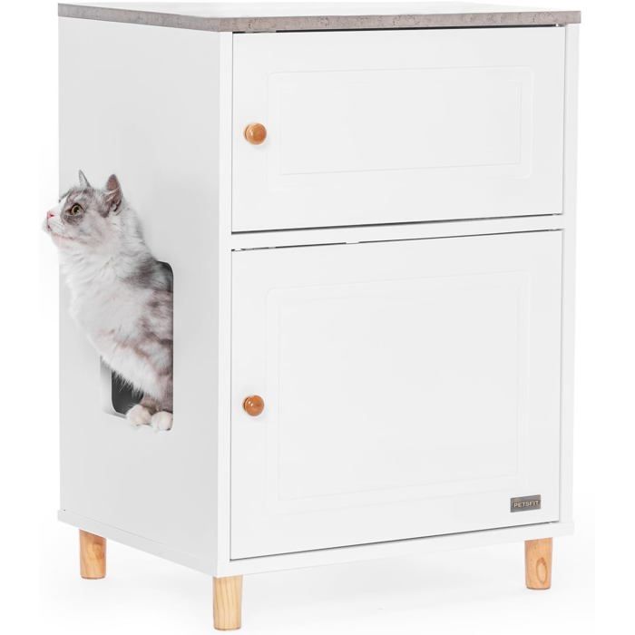 Comparer les prix de BAC A LITIERE - WOODOURS - Meuble litière chat blanc armoire cachée avec rangement intégré moderne