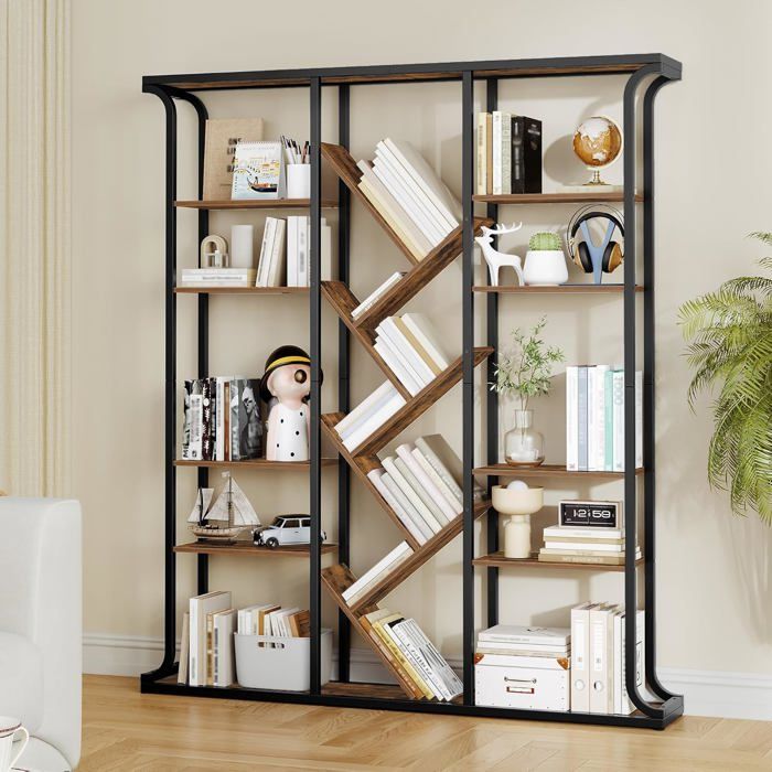 Étagère en Forme darbre Bibliothèque à 6 Niveaux et 3 colonnes 17 étagères de Rangement24 x 156 x 180 cm Marron Vintage-Noir