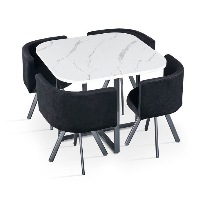 MENZZO Table carrée 90cm avec 4 chaises gain de place Oslo Effet marbre blanc et Velours Noir - table à manger Table : L90 x P90 x