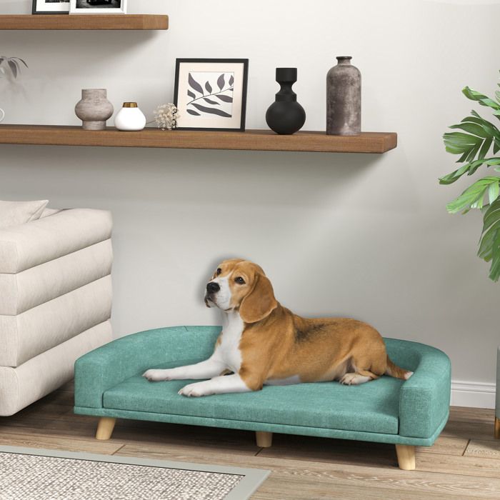 Canapé pour chien grand lit surélevé pour chien coussin lavable cadre en bois tissu polyester 98 x 67 x 25 cm vert clair