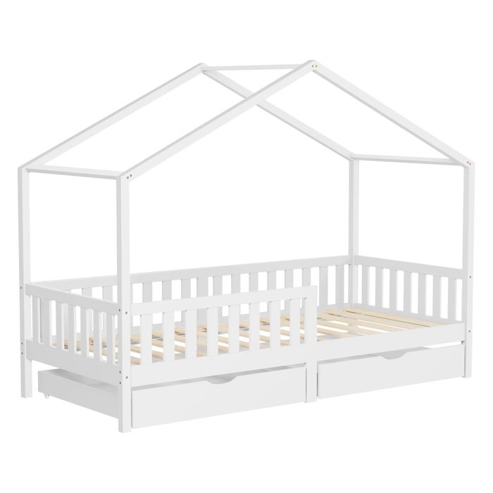 Lit cabane enfant ML-Design 90x200cm blanc bois massif 2 tiroirs antichute toit et sommier à lattes