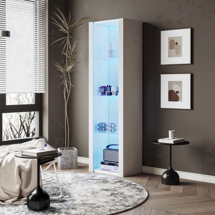 Vitrine LED Blanche Brillante 166 cm avec 3 Étagères en Verre – Meuble Haut Design Moderne Contrôlé par Application