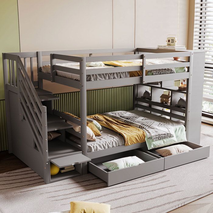 Lit superposé en bois 90x200 cm avec 2 grands tiroirs lit mezzanine avec escalier sécurisé rangement et garde-corps renforcé gris