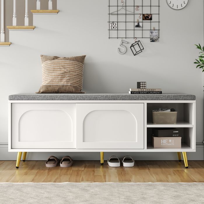 Banc à Chaussures Moderne avec Porte Amovible Rangements Ouverts et Coussin Rembourré Blanc 121×35×49 cm