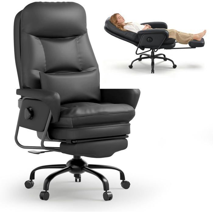 FlexiSpot Chaise de Bureau Ergonomique 3-en-1 Relax & Bureau Inclinable à 165° Repose-Pieds Coussin Confort PU Épais Noir