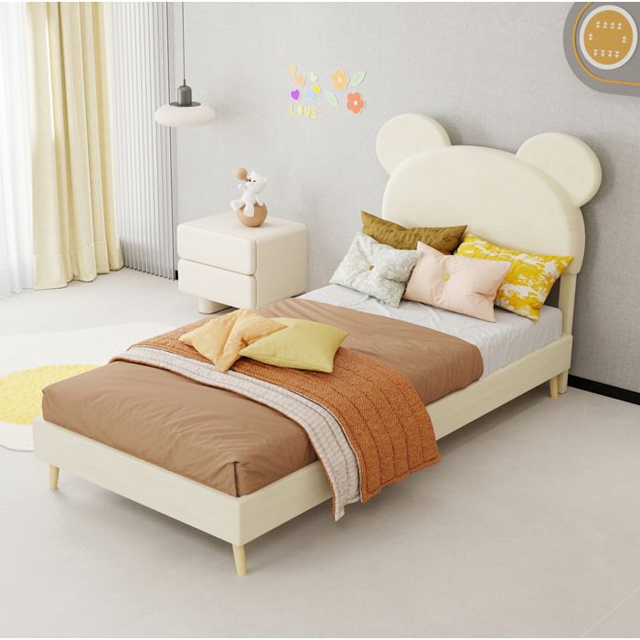 Lit enfant rembourré 90 x 200 cm EVRYAE avec tête de lit oreilles et sommier à lattes beige