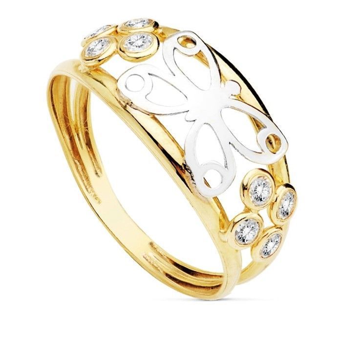 Bague en or jaune 18 carats pour femme motif papillon ajouré avec zircon cubique latéral deux rangs