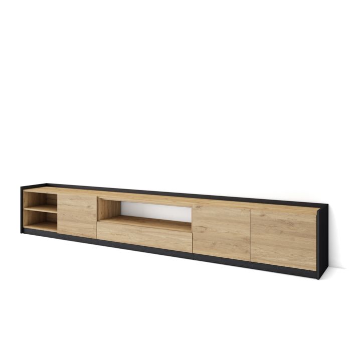Meuble TV Banc Télé Grand espace de Rangement 310x37x50cm Pour les TV jusquà 80 Chêne et noir RF4358 Meuble TV Banc Télé Grand espace de Rangement 310x37x50cm Pour les TV jusquà 80 Chêne et noir RF4358