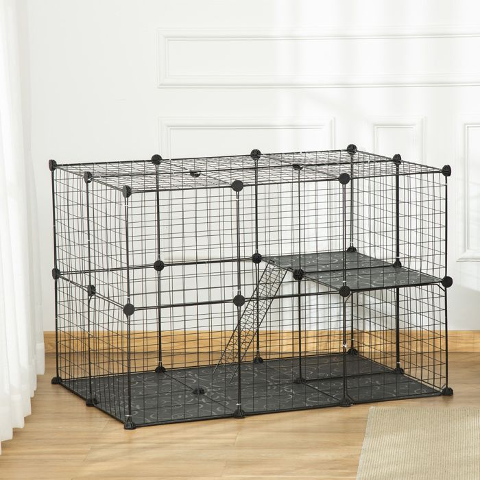 Enclos pour petits animaux cage à lapin modulable 3 niveaux 39 panneaux avec rampes en métal 70 x 70 x 105 cm noir
