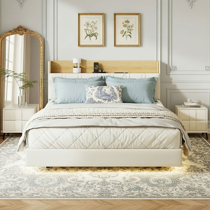 Lit double 140x190 cm avec LED et sommier à lattes lit 140x190 cm avec port USB et Type C lit adulte tissu en PU blanc