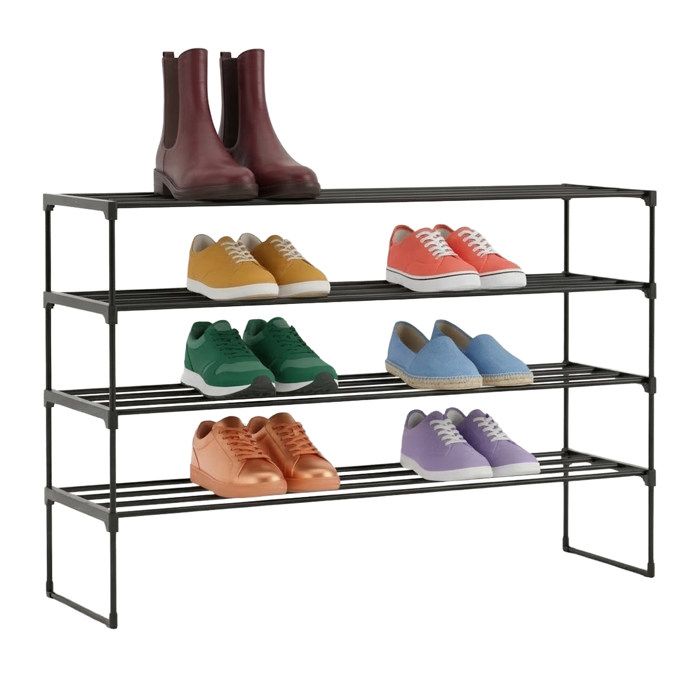 Relaxdays Étagère à chaussures 4 niveaux emboîtable 72x117x30 cm métal plateaux métal noir 25-30 paires
