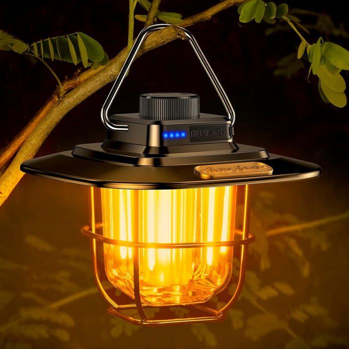 Lanterne camping LED rechargeable USB-C lampe tente rétro à lumière chaude et naturelle étanche autonomie 13 h
