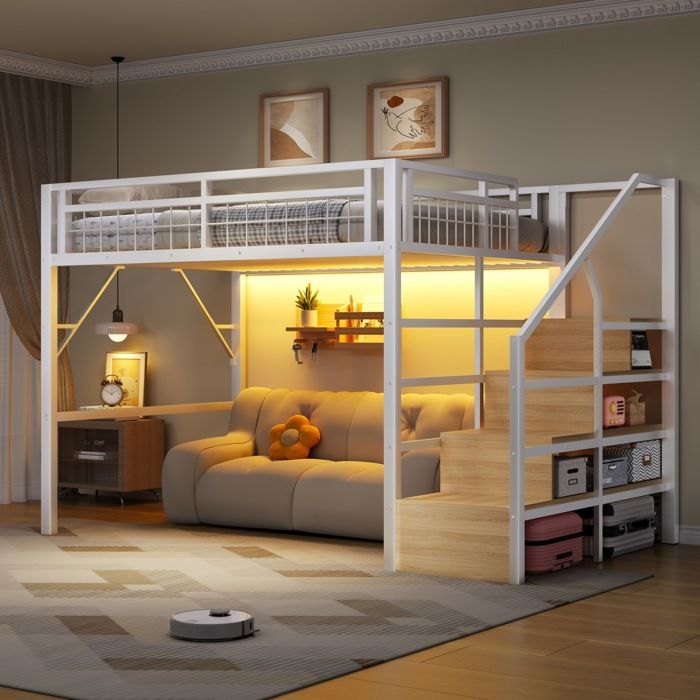 Lit mezzanine enfant 140 × 200 cm 2 places avec LED réglable escalier de rangement sans matelas blanc - UVRION