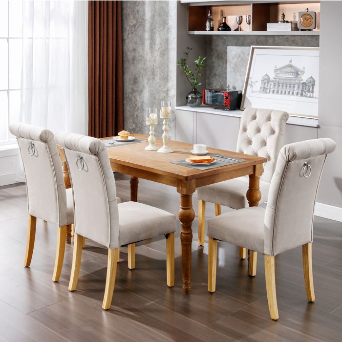 Chaise de salle à manger lot de 4 EVRYAE en velours beige avec dossier capitonné et pieds en chêne 43 x 63 x 100 cm