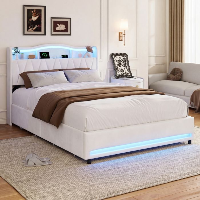 Lit double - URBANLUXE - Lit 140x200 cm - Tissu velours beige - LED intégrée - 4 tiroirs