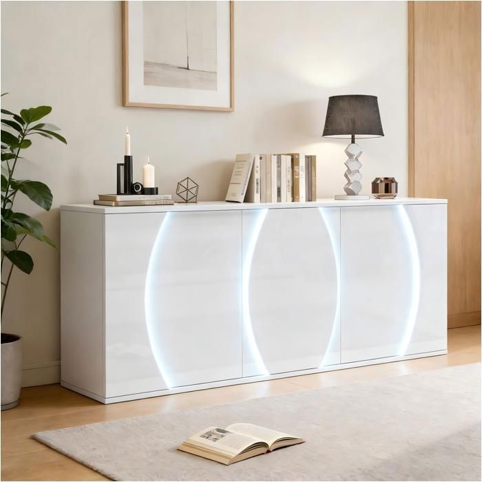 Buffet bas 150 x 40 x 70 cm 3 portes avec étagères réglables meuble de rangement brillant LED panneau de particules blanc