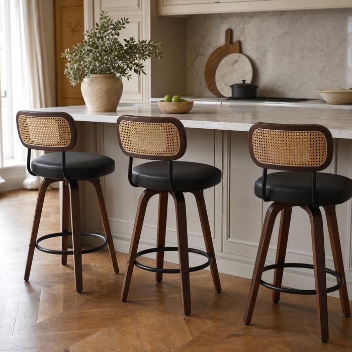 Lot 3 tabourets bar - Zephmum - rotin cannage assise rembourrée noyer pivotant noir