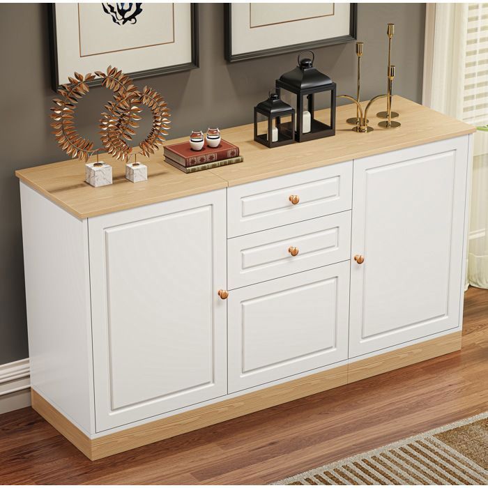 WOVREO Buffet bas 1355 cm 3 portes 2 tiroirs blanc et décor bois en panneaux de particules