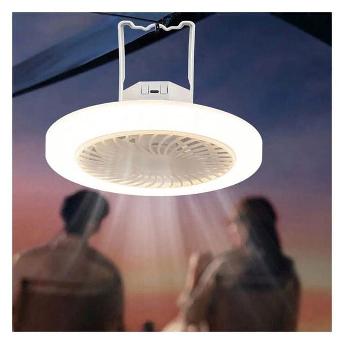 Ventilateur de camping portable avec lanterne LED rechargeable par USB tricolore avec crochet de suspension pour randonnée en