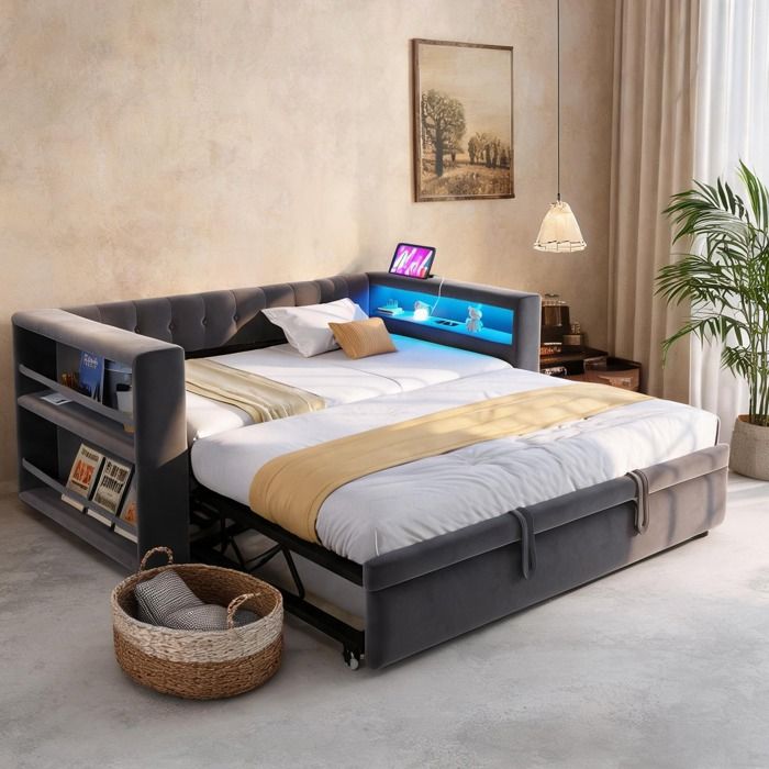 Canapé-lit convertible en flanelle gris froid avec LED prises et rangement – 90/180 × 190 cm