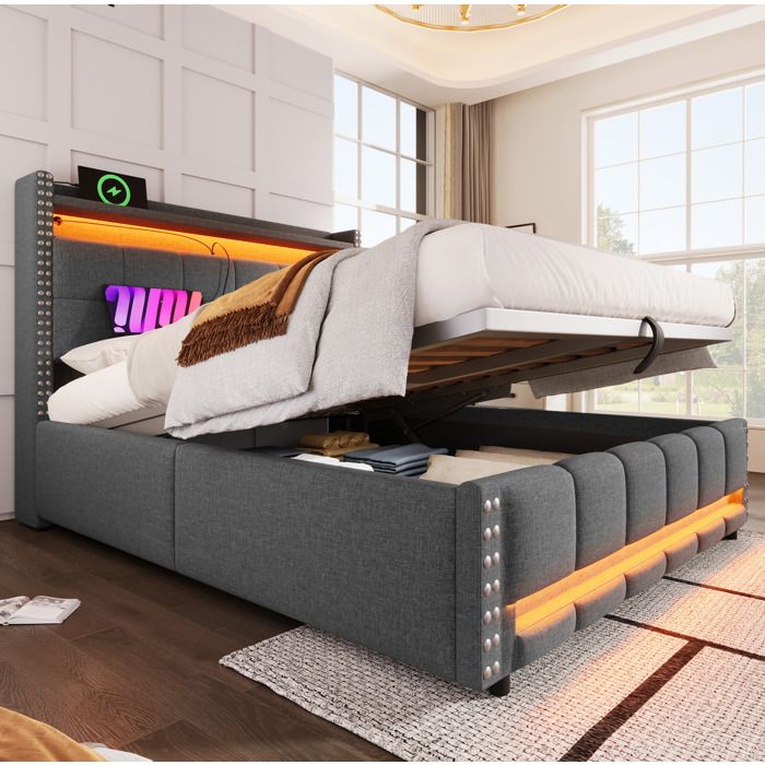 JOINERY lit adulte coffre rangement 160 x 200 cm tissu gris LED USB tête de lit avec étagères sommier à lattes 12 lattes