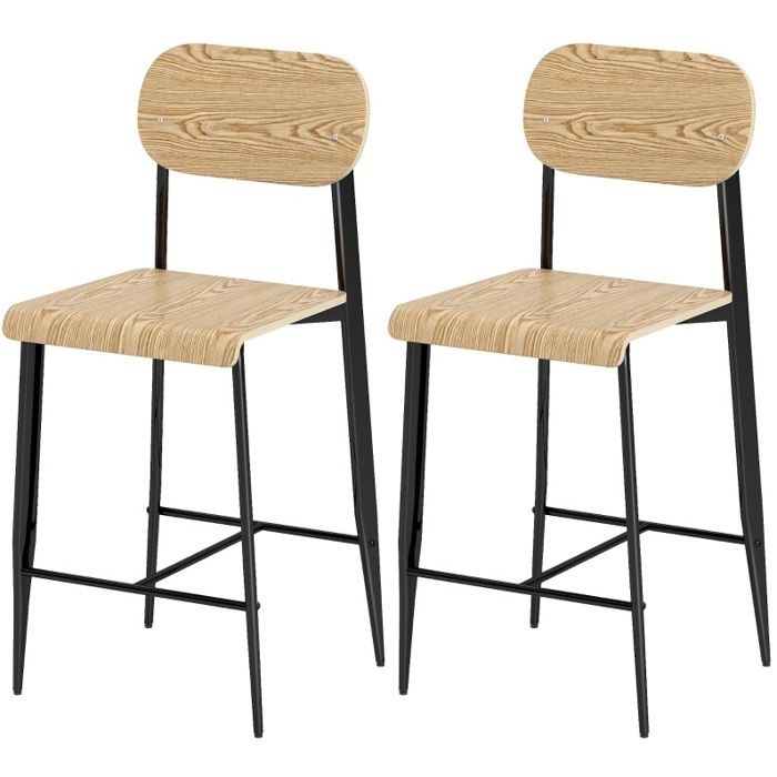 Lot de 2 tabourets de bar industriels avec dossier repose-pieds métal et bois naturel hauteur dassise 66 cm