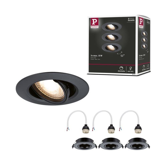 92111 Spots encastrés kit de 3 orientable rond 90 mm 30° GU10 max. 3x10W 230 V Noir Luminaire encastré - luminaire sans ampoule