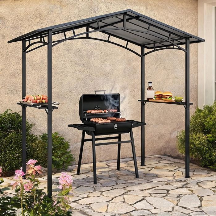 Pavillon barbecue 2 5x1 5 m avec étagères - structure métal noir - toit polycarbonate