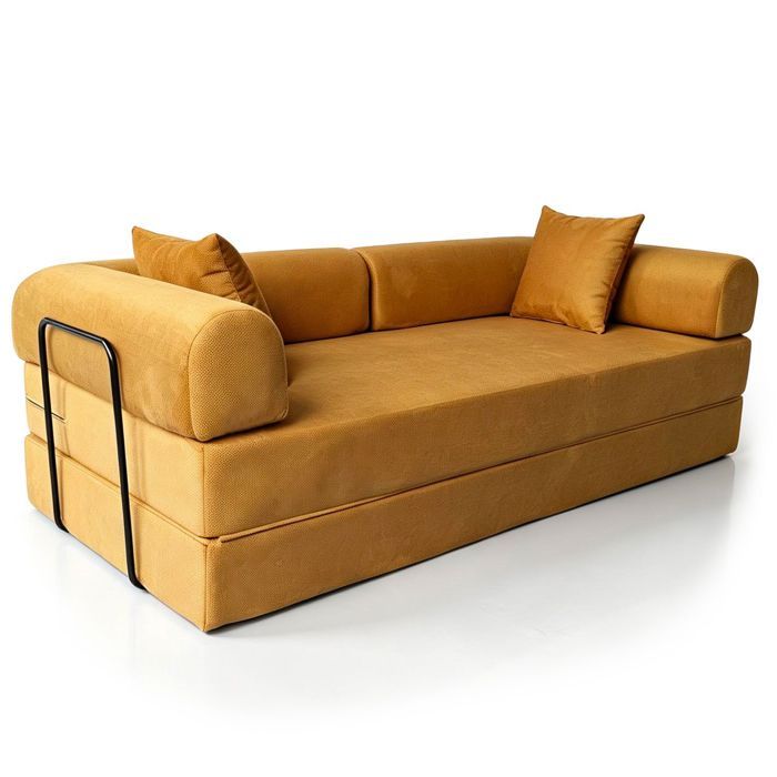 MENZZO Canapé 3 places convertible et modulable Bergerac Tissu doux texturé Ocre doré -Compressé L200 x P90 x H67 cm