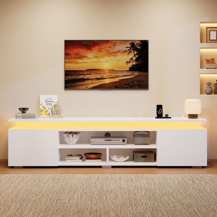 Meuble TV bas 180x35x42 cm en MDF avec éclairage LED RGB commande app/vocale minuterie rangements et étagères ouvertes blanc