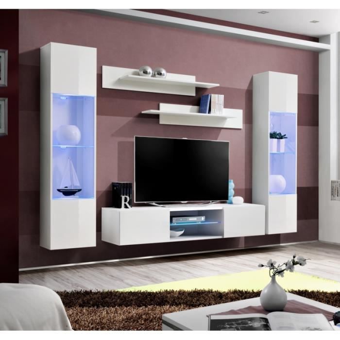 ensemble meuble tv mural - ac-déco - fly o3 - blanc - verre - 2 portes - contemporain - design