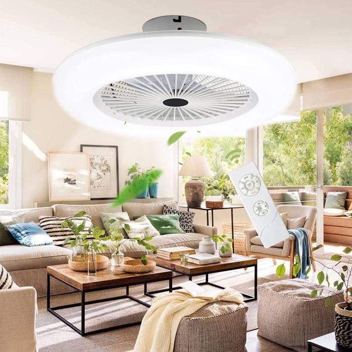 Ventilateur de plafond avec éclairage et télécommande, silencieux, plafonnier LED 55 cm, dimmable avec ventilateur et télécomm[105]