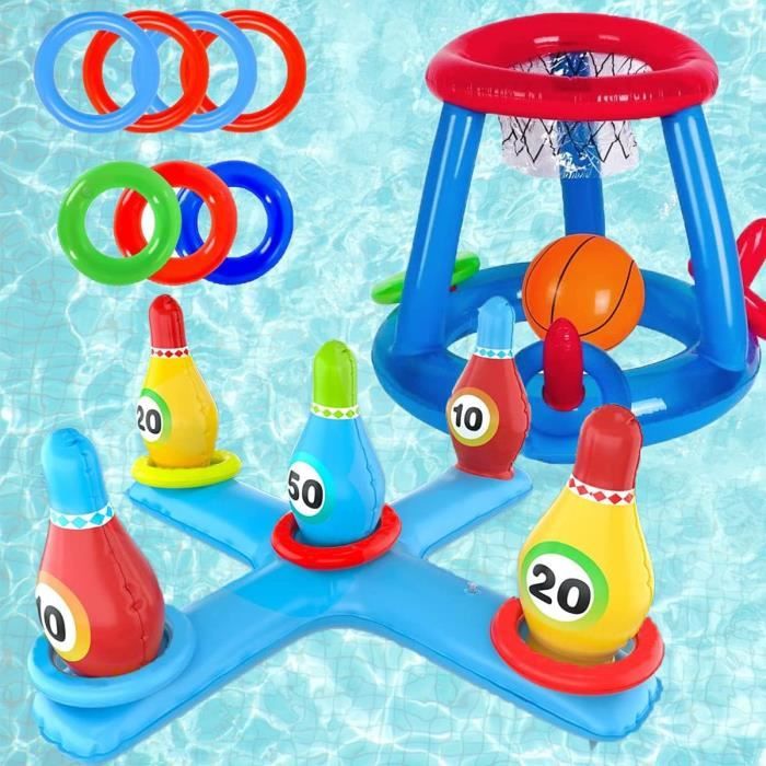 Jeu Gonflable Lancer D'anneaux Pour Piscine - 1 Cible Cactus + 4 Anneaux Colorés + Pompe Manuelle - Jouet été, Fête Hawaïenne - 8