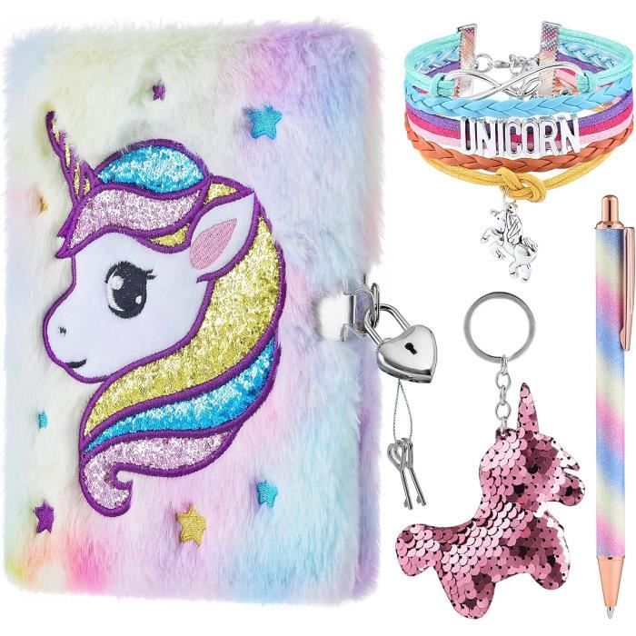 Carnet Licorne En Peluche A5 - Avec Cadenas - Idéal école, Journal Intime, Cadeau Enfant