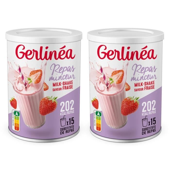 Gerlinéa - Lot de 2 Boissons Milkshake goût Fraise - Substituts de repas riches en protéines - Poudre à reconstituer - 30 repas