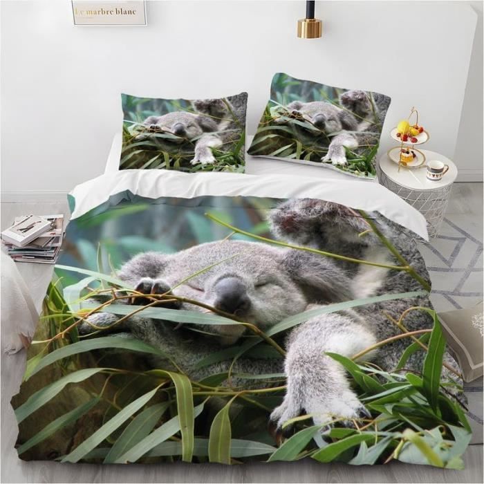 Housse De Couette 200X200 Koala Gris Parure De Lit 2 Personnes