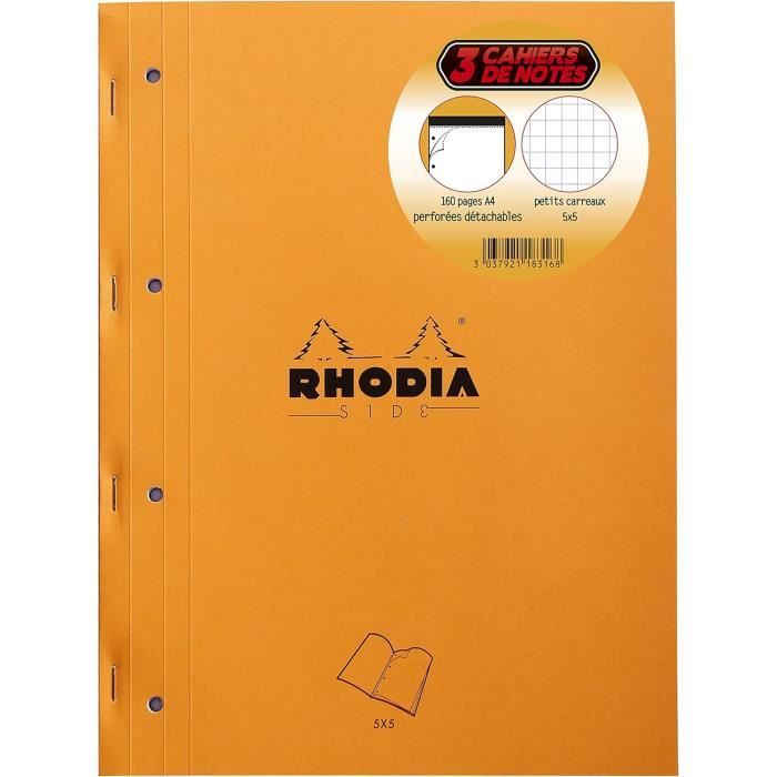 3 Blocs-Notes Rhodia A4 Grands Carreaux Seyès | Papier Clairefontaine 80g/m² | Fabriqué En France Écolo