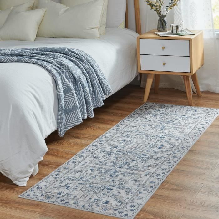 Tapis De Couloir Vintage Falflor Antidérapant - 65x240 Cm - Bleu - Pour Entrée, Cuisine, Salon Et Chambre