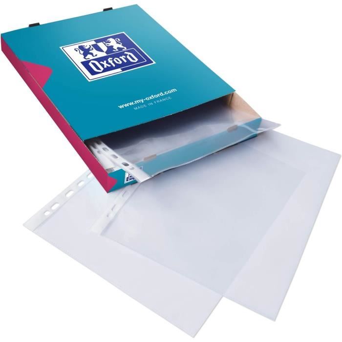 Boîte De 100 Pochettes Perforées A4 Oxford - Polypro épais 9/100ème, Incolore, Renforcées - Pour Classeur Usage Intensif