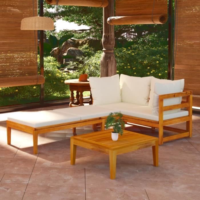 Salon de jardin 3 pcs avec (SOFA+JARDIN) + coussins blanc crème Bois dacacia FR4155