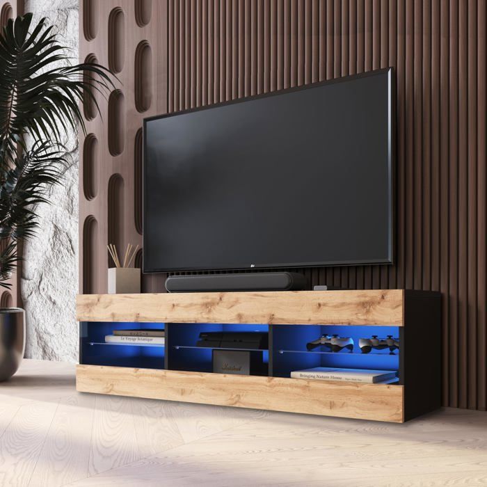 Meuble TV Tivoli RTV Komodee - LED Bleues - Bois naturel et Noir - Facades en Mat - 140 x 41 x 35 cm Meuble TV Tivoli RTV Komodee - LED Bleues - Bois naturel et Noir - Facades en Mat - 140 x 41 x 35 cm